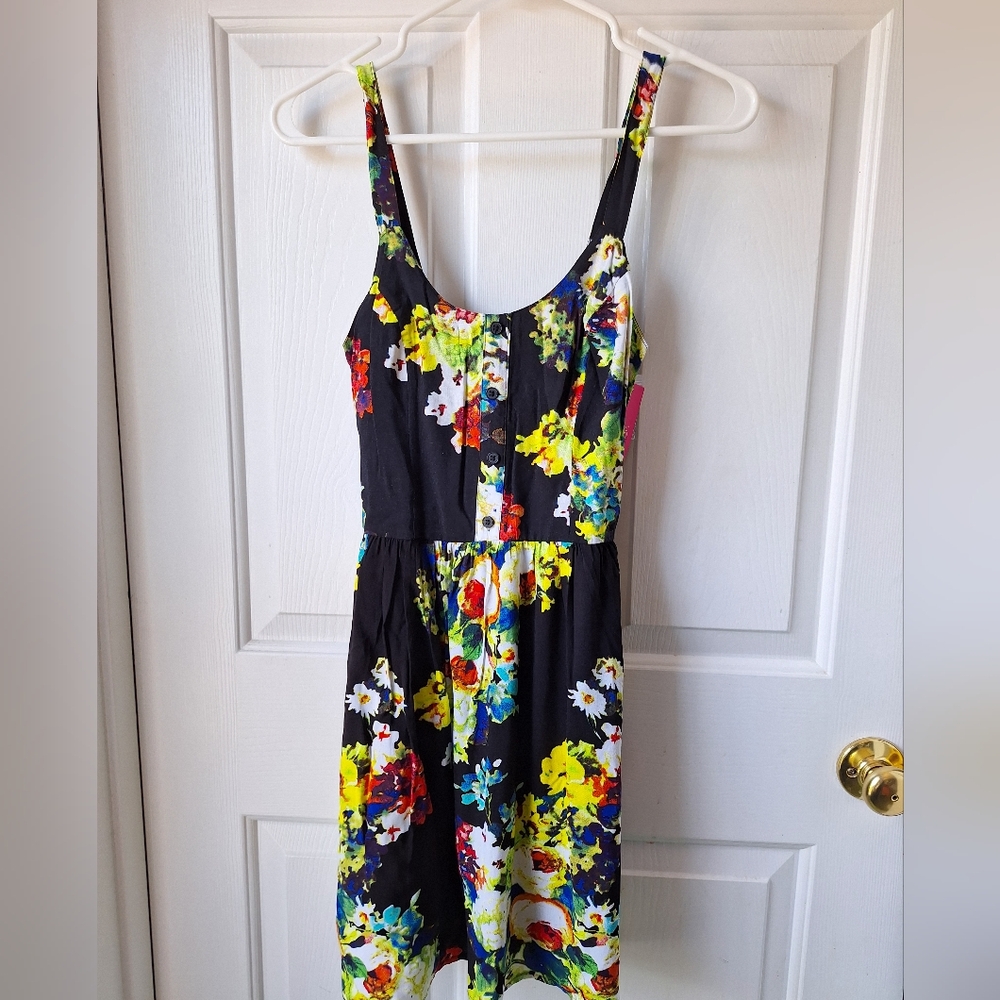 SM Xhilaration cotton black floral strappy dress with elastic back and pockets